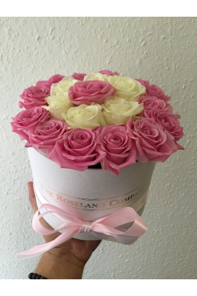 Fehér kis henger doboz, ÉLŐ rózsaszín és fehér rózsa