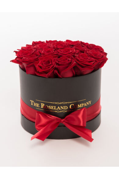 Fekete kis henger doboz, ÉLŐ vörös rózsa