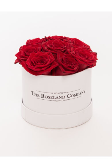 Fehér mini henger doboz, ÉLŐ vörös rózsa