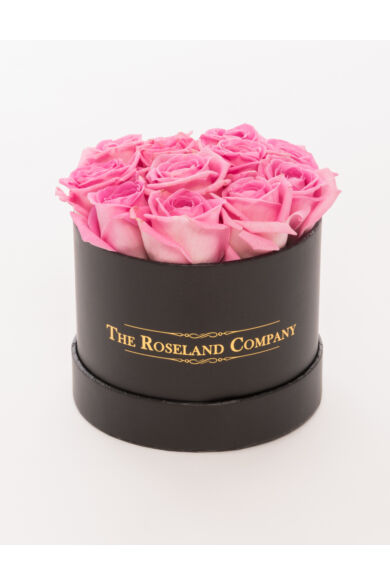 Fekete mini henger doboz, ÉLŐ rózsaszín rózsa