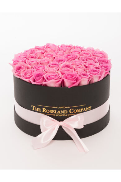 Fekete nagy henger doboz, ÉLŐ rózsaszín rózsa