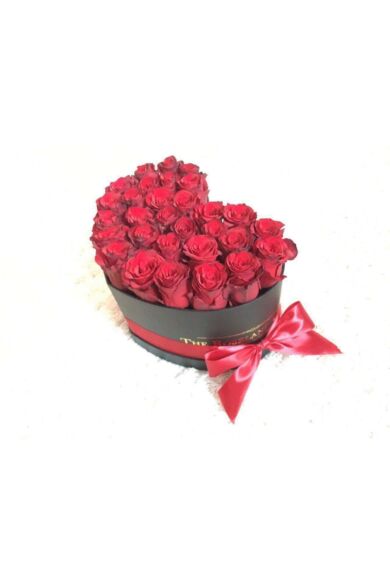 Fekete szív doboz, ÉLŐ vörös rózsa