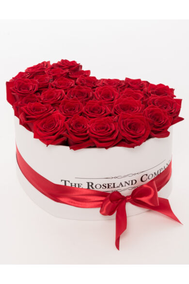 Fehér szív doboz, ÉLŐ vörös rózsa