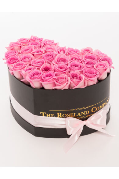 Fekete szív doboz, ÉLŐ rózsaszín rózsa