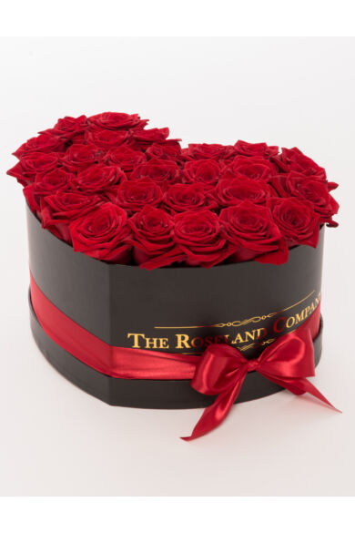 Fekete szív doboz, ÉLŐ vörös rózsa