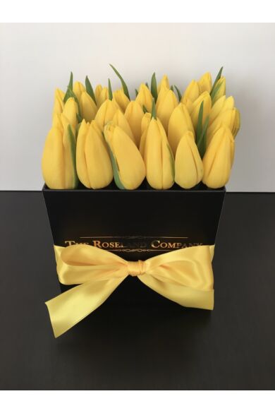 Fekete kocka doboz, tulipánnal